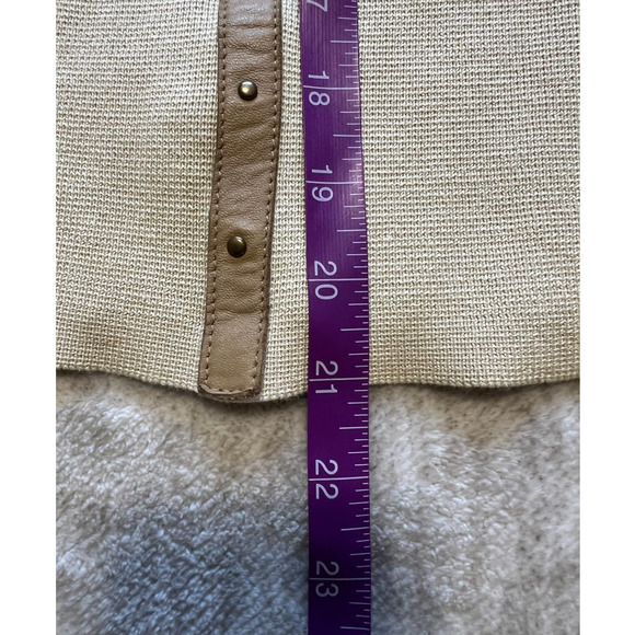 Sigrid Olsen Silk Blend Tan Leather Trim Long Sleeve Crew Neck Cardigan Size MP - Picture 6 of 8